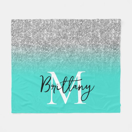 Silver Glitter Turquoise Ombre Monogram Fleece Deken (Voorkant (Horizontaal))