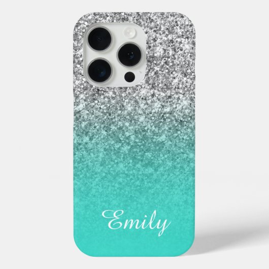 Silver Glitter Turquoise Ombre Personalized Case-Mate iPhone Case (Achterkant)