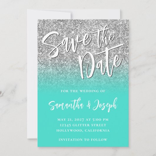 Silver Glitter Turquoise Ombre Save The Date (Voorkant)