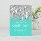 Silver Glitter Turquoise Ombre Save The Date (Staand voorkant)