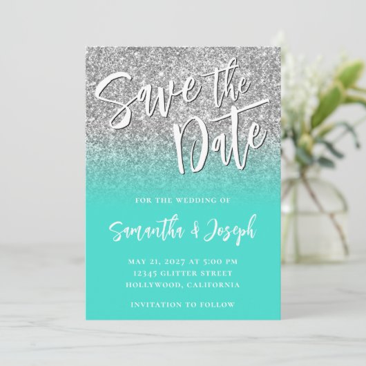 Silver Glitter Turquoise Ombre Save The Date (Staand voorkant)