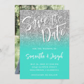 Silver Glitter Turquoise Ombre Save The Date (Voorkant / Achterkant)