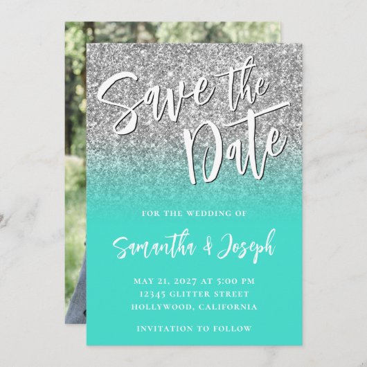 Silver Glitter Turquoise Ombre Save The Date (Voorkant / Achterkant)