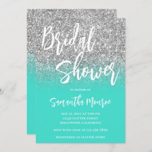 Silver Glitter Turquoise QR Code Vrijgezellenfeest Kaart (Voorkant / Achterkant)