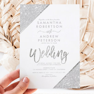 Silver glitter typography white wedding kaart