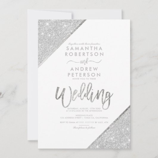 Silver glitter typography white wedding kaart (Voorkant)