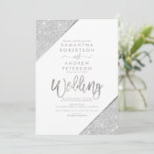 Silver glitter typography white wedding kaart (Staand voorkant)