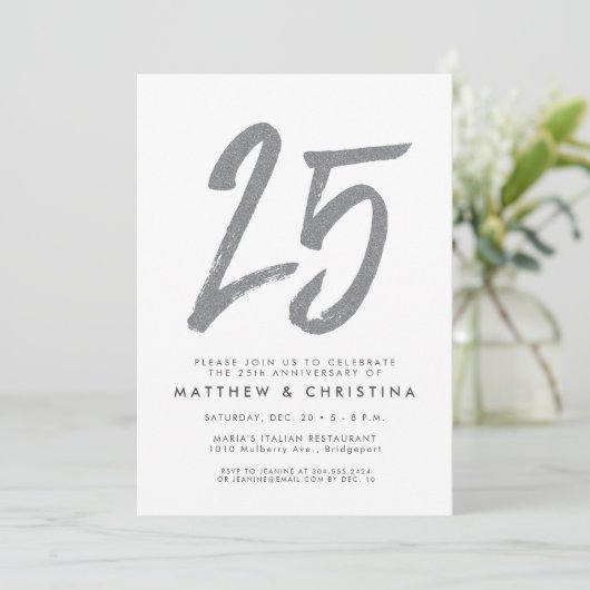 Silver glitter uitnodiging voor 25-jarig bestaan (Staand voorkant)