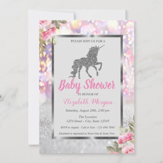 Silver Glitter Unicorn Bokeh, Floral Baby shower Kaart (Voorkant)