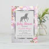 Silver Glitter Unicorn Bokeh, Floral Baby shower Kaart (Staand voorkant)