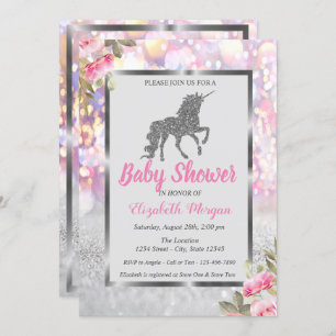Silver Glitter Unicorn Bokeh, Floral Baby shower Kaart