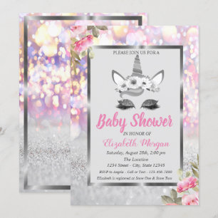 Silver Glitter Unicorn, Floral Boeh Baby shower Kaart
