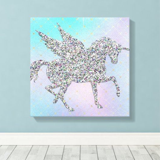 Silver Glitter Unicorn op pasta Canvas Afdruk (Insitu (Houten vloer))