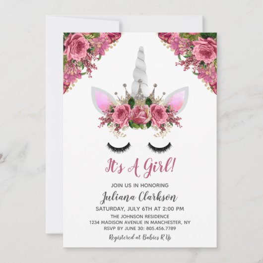 Silver Glitter Unicorn Princess Baby shower Kaart (Voorkant)