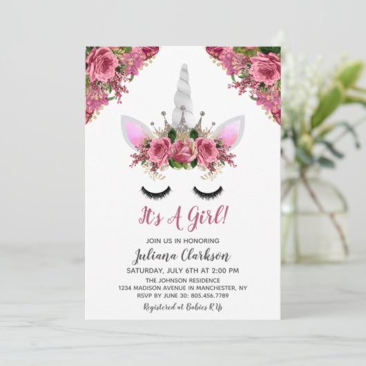 Silver Glitter Unicorn Princess Baby shower Kaart (Staand voorkant)