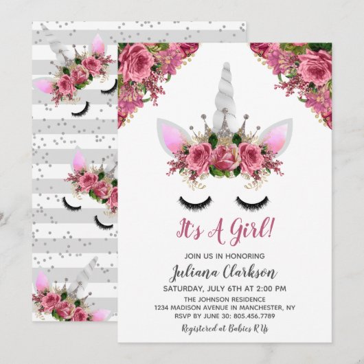 Silver Glitter Unicorn Princess Baby shower Kaart (Voorkant / Achterkant)