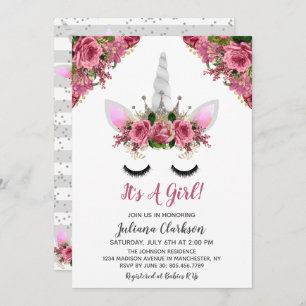 Silver Glitter Unicorn Princess Baby shower Kaart