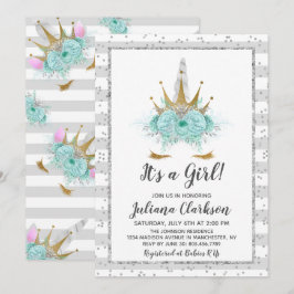 Silver Glitter Unicorn Princess Baby shower Kaart
