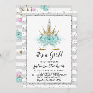 Silver Glitter Unicorn Princess Baby shower Kaart