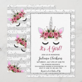 Silver Glitter Unicorn Princess Baby shower Kaart