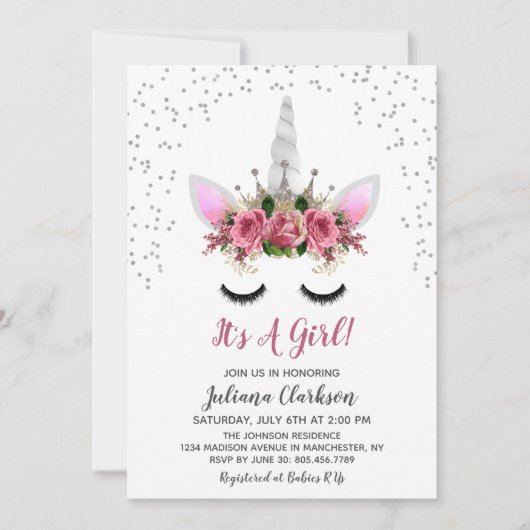 Silver Glitter Unicorn Princess Baby shower Kaart (Voorkant)