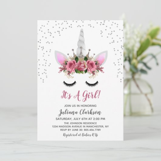 Silver Glitter Unicorn Princess Baby shower Kaart (Staand voorkant)