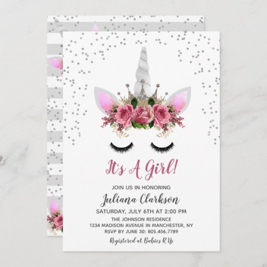 Silver Glitter Unicorn Princess Baby shower Kaart (Voorkant / Achterkant)