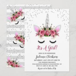 Silver Glitter Unicorn Princess Baby shower Kaart