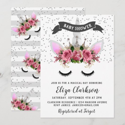 Silver Glitter Unicorn Princess Baby shower Kaart (Voorkant / Achterkant)