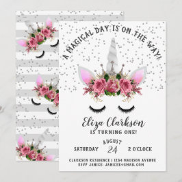 Silver Glitter Unicorn Princess Birthday Kaart