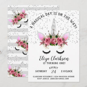 Silver Glitter Unicorn Princess Birthday Kaart