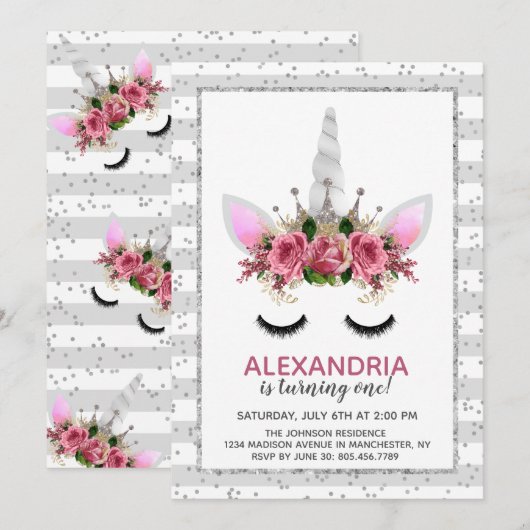 Silver Glitter Unicorn Princess Birthday Kaart (Voorkant / Achterkant)