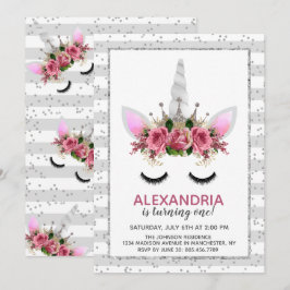 Silver Glitter Unicorn Princess Birthday Kaart