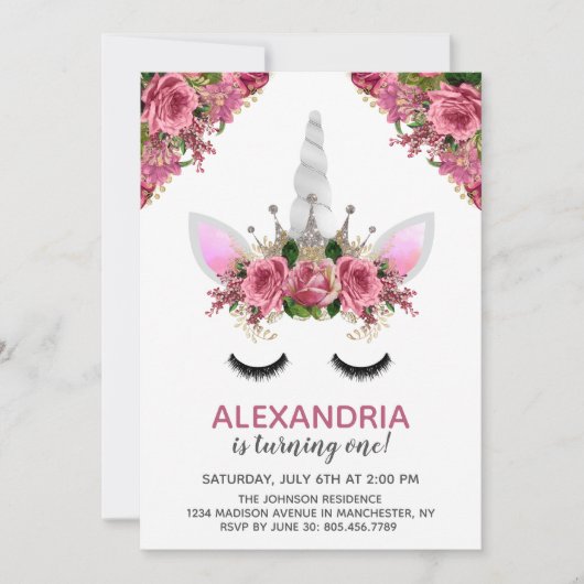 Silver Glitter Unicorn Princess Birthday Kaart (Voorkant)