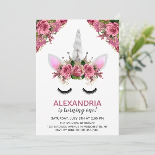 Silver Glitter Unicorn Princess Birthday Kaart (Staand voorkant)