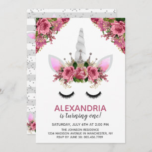 Silver Glitter Unicorn Princess Birthday Kaart