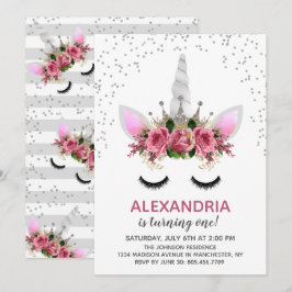 Silver Glitter Unicorn Princess Birthday Kaart