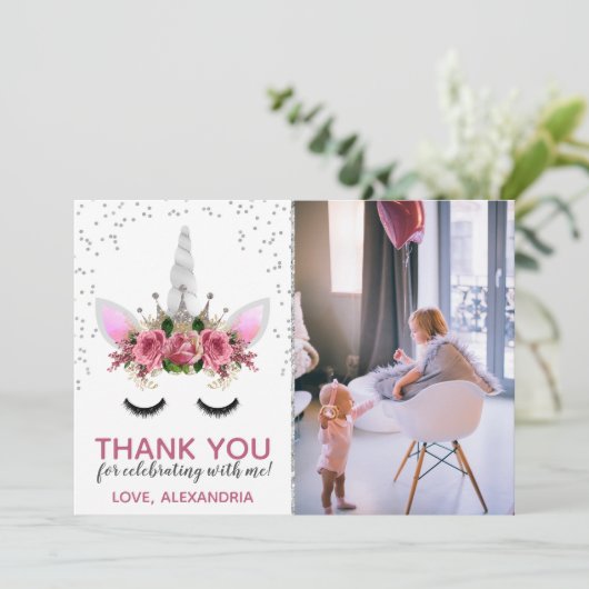Silver Glitter Unicorn Princess Dank u Kaart (Staand voorkant)