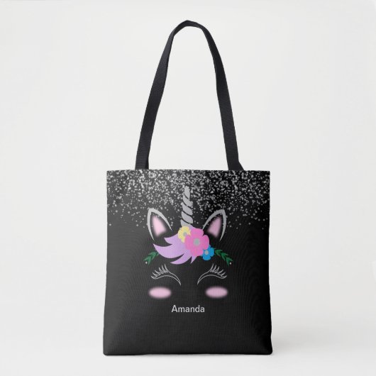 Silver Glitter Unicorn Tote Bag (Voorkant)
