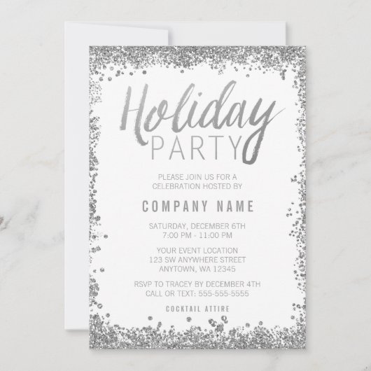 Silver Glitter Vakantie Party Uitnodigingen (Voorkant)