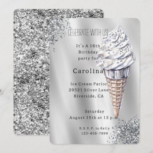 Silver Glitter Vanilla Ice Cream Cone Birthday Kaart (Voorkant / Achterkant)