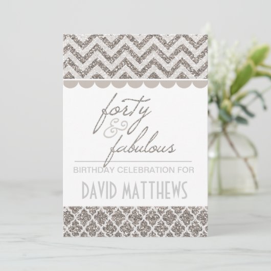 Silver Glitter Veertig en Fabulous Birthday Invite Kaart (Staand voorkant)