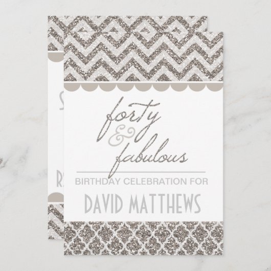 Silver Glitter Veertig en Fabulous Birthday Invite Kaart (Voorkant / Achterkant)