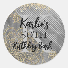 Silver Glitter Verjaardag Mandala Monogram Ronde Sticker