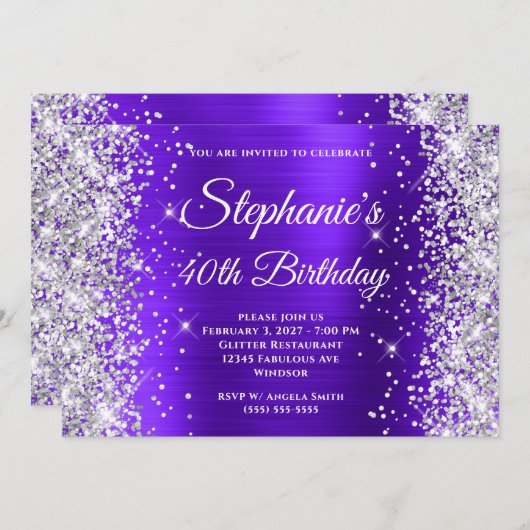 Silver Glitter Violet Fancy Monogram 40e Verjaarda Kaart (Voorkant / Achterkant)