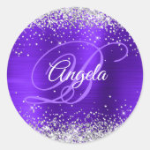 Silver Glitter Violet Fancy Monogram Ronde Sticker (Voorkant)