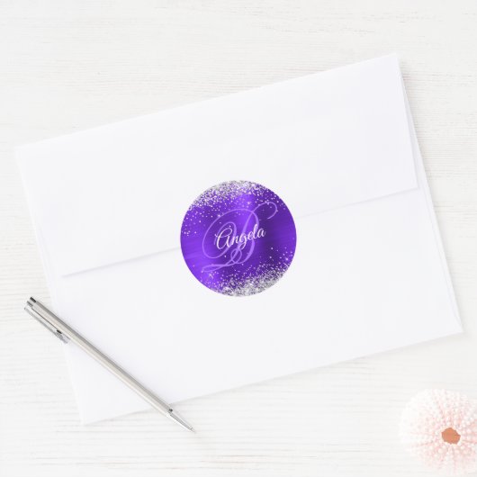 Silver Glitter Violet Fancy Monogram Ronde Sticker (Envelop)