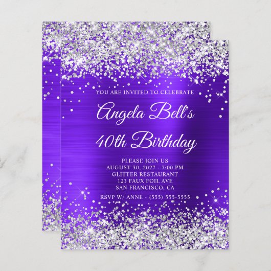 Silver Glitter Violet Indigo 40e verjaardag Uitnod (Voorkant / Achterkant)