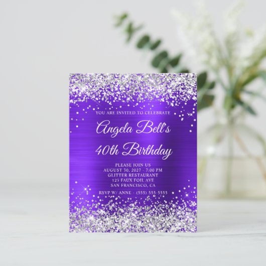 Silver Glitter Violet Indigo 40e verjaardag Uitnod (Staand voorkant)