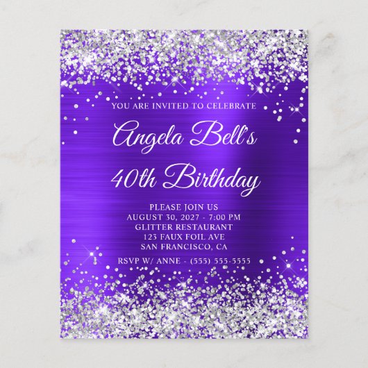 Silver Glitter Violet Indigo 40e verjaardag Uitnod Flyer (Voorkant)